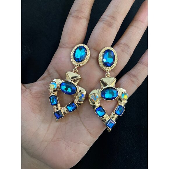 Dark blue earrings , big blue earrings , teal crystal blue Ab earrings teal gold - Picture 2 of 8